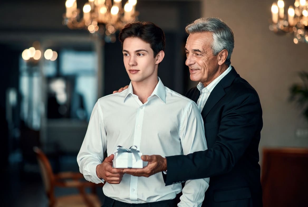 Immagine Giovane e Uomini Maturi Generosi tra Desiderio e Regali Apprezzati