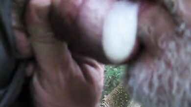 Pompino all'aperto tra papà maturo e amico orso