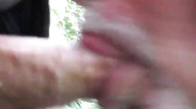 Pompino all'aperto tra papà maturo e amico orso