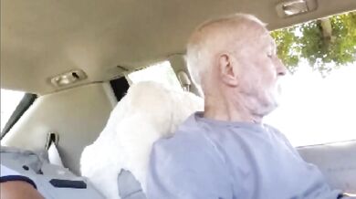 Il nonno succhia all'aperto nella sua macchina