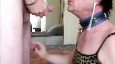 Travestito troia succhia e ingoia un grosso cazzo